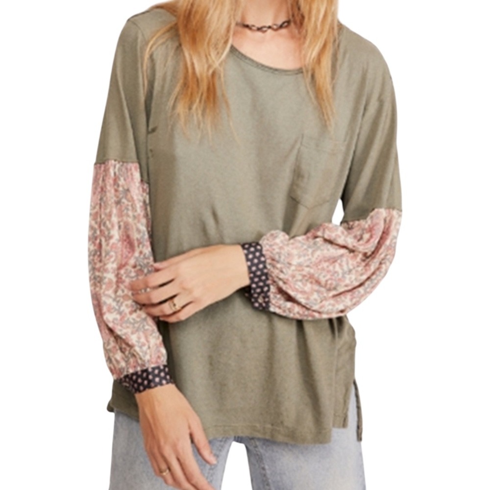 Free People We The Free Jade Green Top with Pink Printed‎ Sleeves L